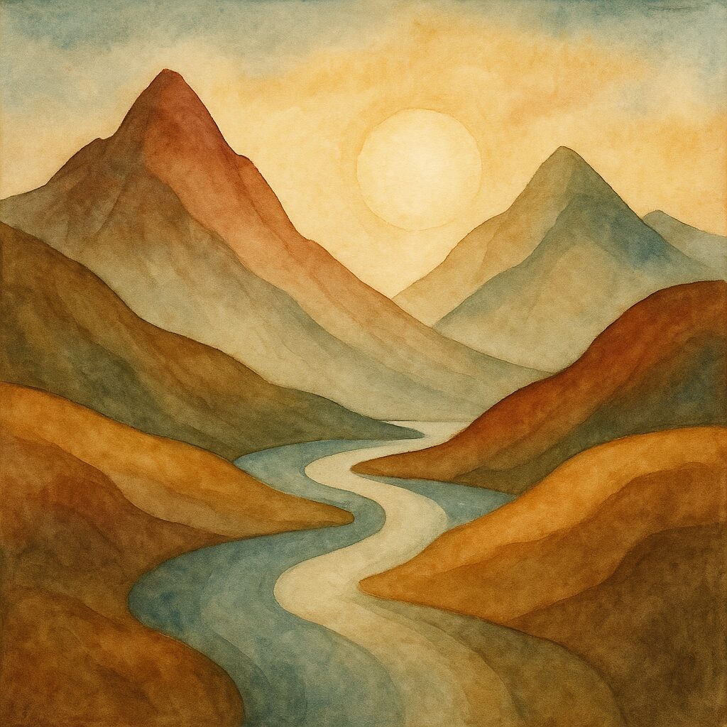 Akvarell som symboliserar stabil styrka, uthållighet och långsiktig riktning.